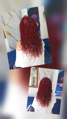 Réalisation coloration rouge sur cheveux long bouclée, Le Port, FANTASIA HAIR BEAUTY
